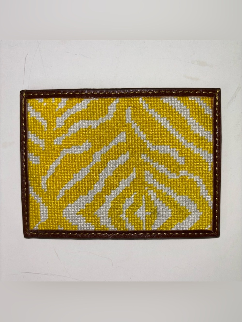 Tucker Blair Needlepoint Leather Card Wallet Yellow White Zebra-Striped